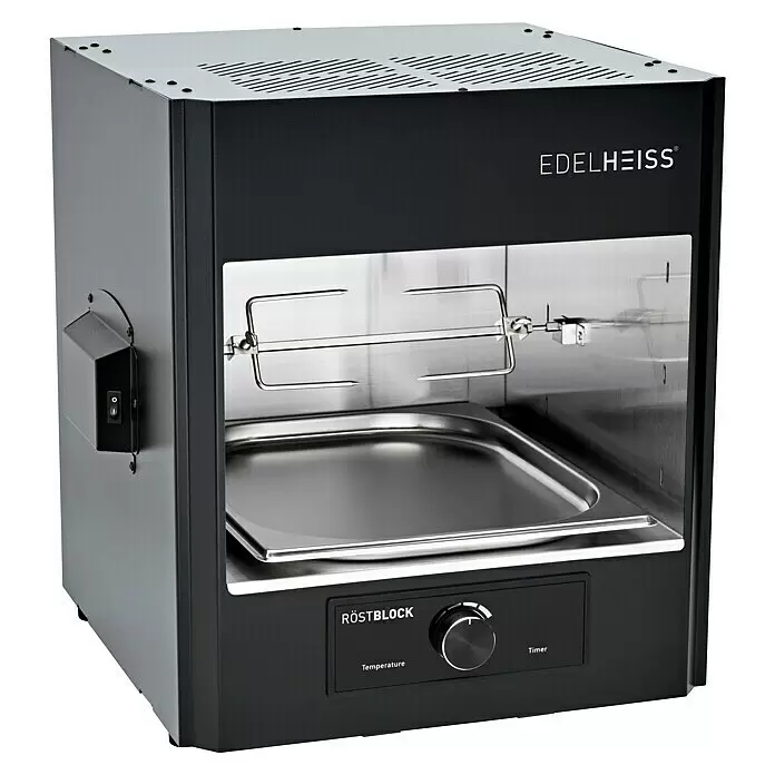 Edelheiss Barbacoa eléctrica Röstblock - Superficie de la parrilla (An x Pr): 28,5 x 30 cm, 2,65 kW, Número de quemadores: 2 ud. - Miniorno Edelheiss Röstblock negro y plateado con asador giratorio, bandeja de goteo de acero inoxidable y controles de temperatura/temporizador.
