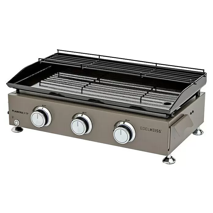 Edelheiss Plancha-Grill - Grillfläche (B x T): 63 x 34 cm, Taupe, 7,5 kW - Grauer EDELHEISS Plancha 3 TP Grill mit schwarzer Plancha und abnehmbarem Rost, ausgestattet mit drei Drehreglern.