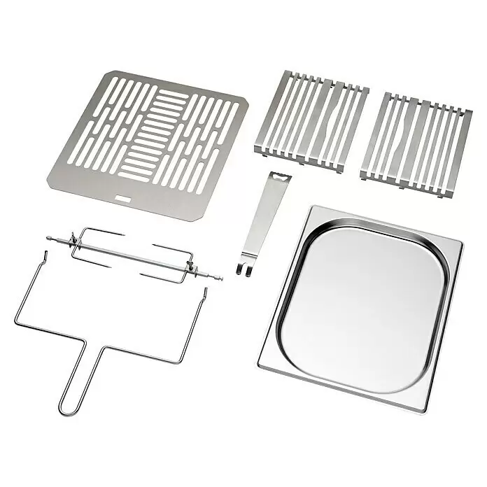 Edelheiss Barbacoa eléctrica Röstblock - Superficie de la parrilla (An x Pr): 28,5 x 30 cm, 2,65 kW, Número de quemadores: 2 ud. - Juego de accesorios de parrilla de acero inoxidable: placa perforada, rejillas, asador, bandeja y mango.
