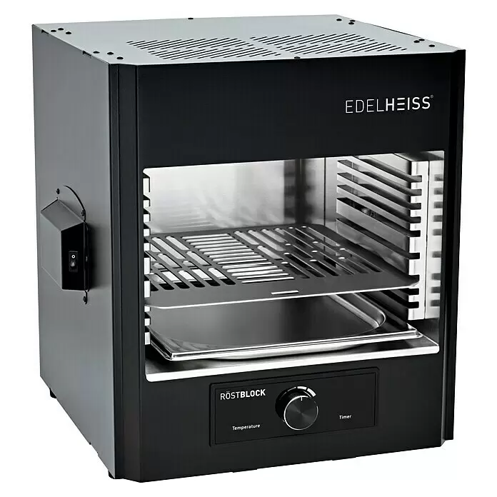 Edelheiss Barbacoa eléctrica Röstblock - Superficie de la parrilla (An x Pr): 28,5 x 30 cm, 2,65 kW, Número de quemadores: 2 ud. - Horno/deshidratador Edelheiss Röstblock negro y plateado con rejillas internas, bandeja y controles de temperatura y temporizador.
