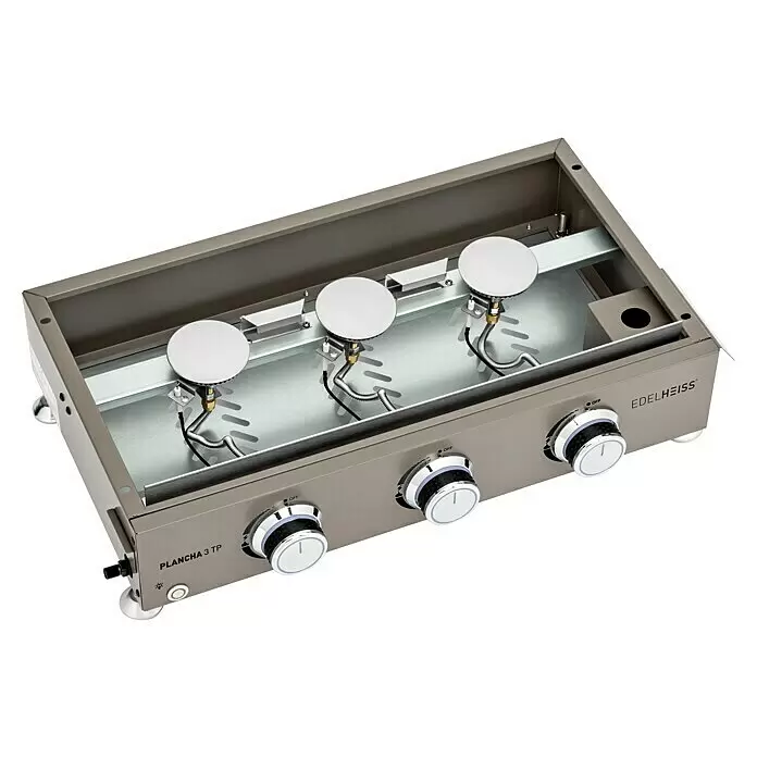 Edelheiss Plancha-Grill - Grillfläche (B x T): 63 x 34 cm, Taupe, 7,5 kW - Eine graue Metall-Gasplancha mit drei runden Brennern, drei Bedienknöpfen und sichtbaren Gasleitungen.