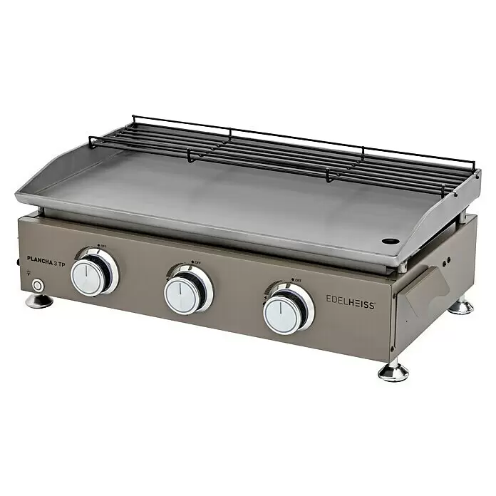 Edelheiss Plancha-Grill - Grillfläche (B x T): 63 x 34 cm, Taupe, 7,5 kW - Edelheiss 3-Brenner Gas-Plancha mit Edelstahl-Grillplatte und Warmhalterost auf grauem Metallgehäuse.