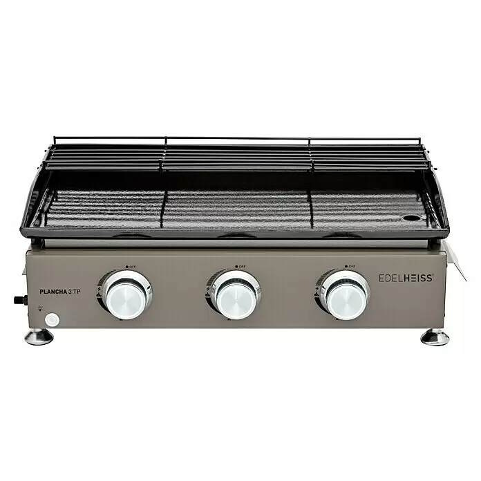 Edelheiss Plancha-Grill - Grillfläche (B x T): 63 x 34 cm, Taupe, 7,5 kW - Graue Edelheiss Gas-Plancha mit schwarzem Grill- und Plattenaufsatz und drei silbernen Bedienknöpfen.