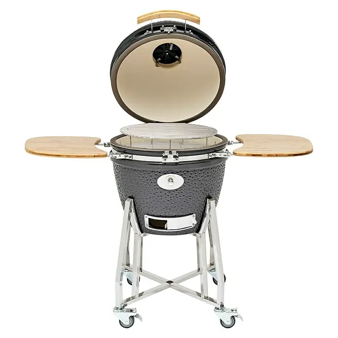 Flame Rock  Holzkohlegrill Kamado 22 Pro - Durchmesser Grillfläche: 49 cm, Grau - Bild eines Kamado-Grills mit Seitentischen und Wagen. Ideal für kulinarische Erlebnisse im Freien.