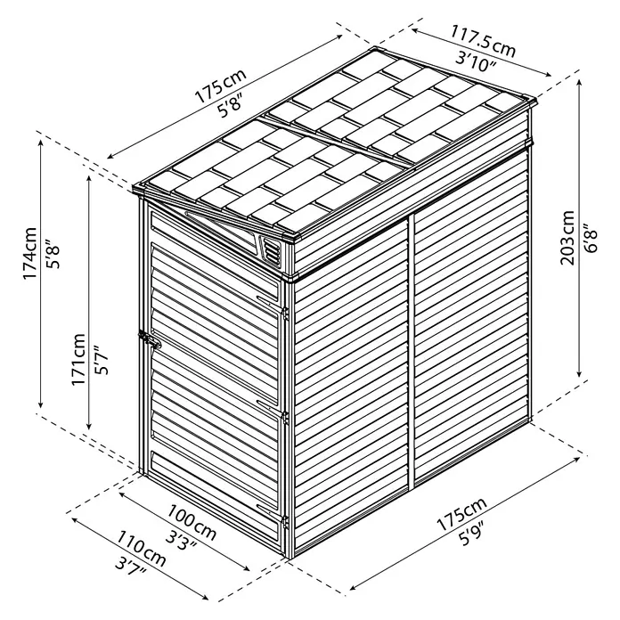 Palram – Canopia Caseta de jardín Skylight - Medidas ext. (An x Pr): 117,5 x 175 cm, Plástico, Antracita - Un dibujo esquemático de un cobertizo de jardín, completo con medidas dimensionales tanto en centímetros como en pies.