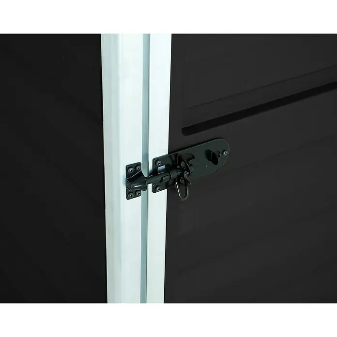 Palram – Canopia Caseta de jardín Skylight - Medidas ext. (An x Pr): 117,5 x 175 cm, Plástico, Antracita - Detalle de un cerrojo negro sobre un marco blanco, garantizando un cierre seguro.