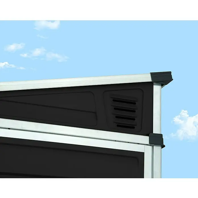 Palram – Canopia Caseta de jardín Skylight - Medidas ext. (An x Pr): 117,5 x 175 cm, Plástico, Antracita - Vista detallada de un cobertizo con marco plateado, ranuras de ventilación y un cielo azul con nubes al fondo.
