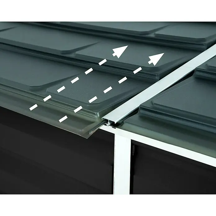 Palram – Canopia Caseta de jardín Skylight - Medidas ext. (An x Pr): 117,5 x 175 cm, Plástico, Antracita - Vista detallada de un sistema de techo moderno con paneles y perfiles de aluminio, mostrando una construcción de alta calidad y resistente a la intemperie.