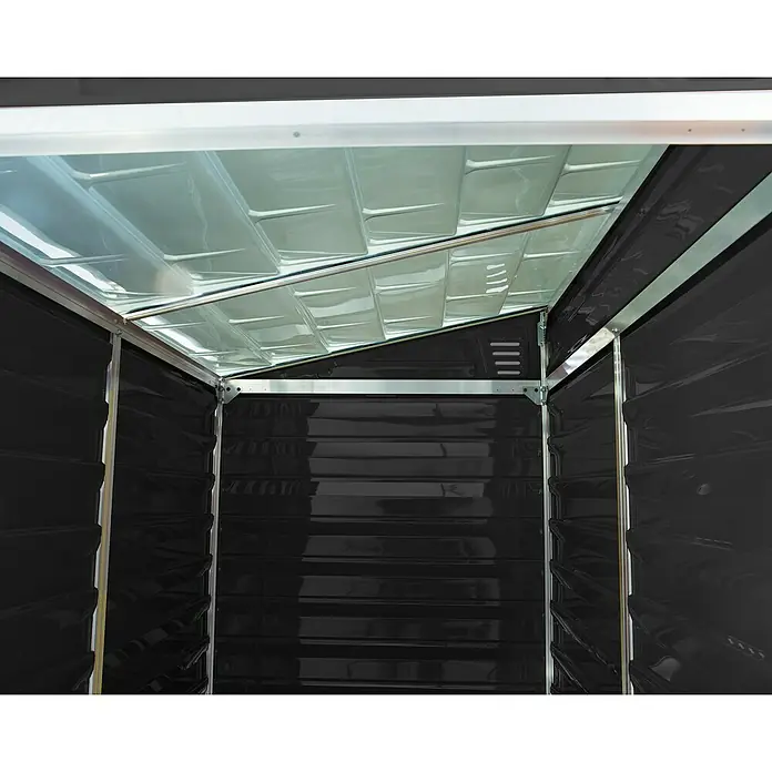 Palram – Canopia Caseta de jardín Skylight - Medidas ext. (An x Pr): 117,5 x 175 cm, Plástico, Antracita - Vista interior de un cobertizo con techo transparente y paredes negras, que ofrece un amplio espacio de almacenamiento.