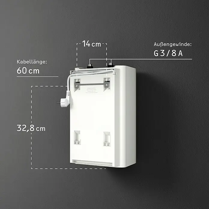 Stiebel Eltron Warmwasserspeicher SNU 5 Plus - 5 l, 2.000 W, Temperaturbereich: 35 °C - 85 °C, Untertischmontage - Abbildung eines weissen Produkts mit Massangaben zur Kabellänge, Höhe und dem Abstand der Anschlussgewinde.