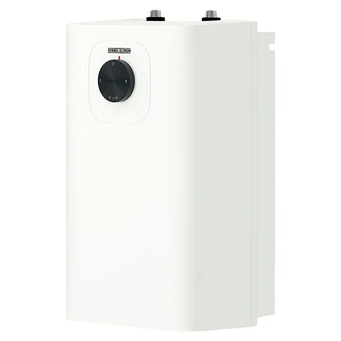 Stiebel Eltron Warmwasserspeicher SNU 5 Plus - 5 l, 2.000 W, Temperaturbereich: 35 °C - 85 °C, Untertischmontage - Nahaufnahme eines Stiebel Eltron Warmwasserbereiters, der modernes Design und effiziente Warmwasserbereitung für den Hausgebrauch verspricht.