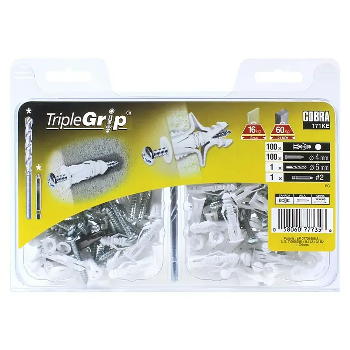 Cobra Universaldübel Triple Grip 171KE - Polyethylen, 100 Stk., Mit Rand - TripleGrip Cobra 171KE Dübel-Set mit Schrauben, Bohrer und Bit. Ideal für sichere Befestigungen in verschiedenen Materialien.