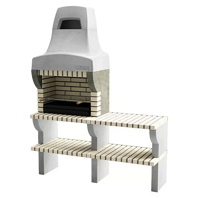 Movelar Bailen Holzkohlegrill - Grillfläche (B x T): 69,5 x 35 cm, Grau/Beige, B x T x H: 165 x 58 x 220 cm - Modularer Beton-Grill mit hellen Ziegeln, integriertem Grillrost und zwei Seitenablagen.