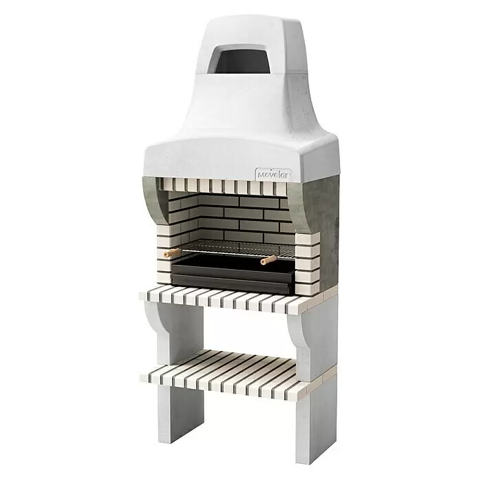 Movelar Bailen Holzkohlegrill - Grillfläche (B x T): 69,5 x 35 cm, Grau/Beige, B x T x H: 86,5 x 58 x 220 cm - Weißer Beton- und Ziegelgrill mit Metallrost, schwarzer Ascheschale und unterem Lattenregal.