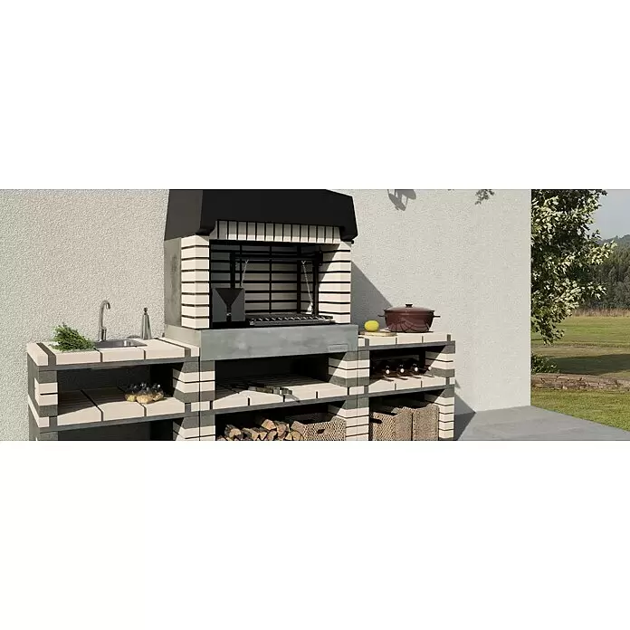 Movelar California Plus XL Holzkohlegrill - Grillfläche (B x T): 60 x 45 cm, Grau - Eine Outdoor-Küchenzeile aus hellen Ziegeln mit großem Grill, Spüle und integriertem Stauraum für Kochutensilien.