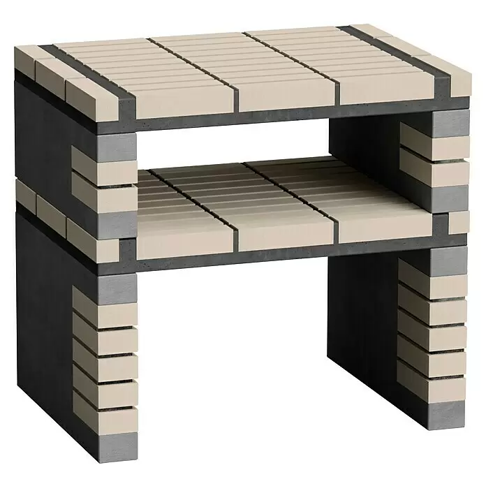 Movelar California Plus XL Outdoorküchen-Modul - Beige, B x T x H: 81 x 64 x 86,5 cm - Zweistöckige modulare Struktur aus dunkelgrauen Betonsteinen und hellbeigen Schamottziegeln, geeignet für Grill oder Ofen.