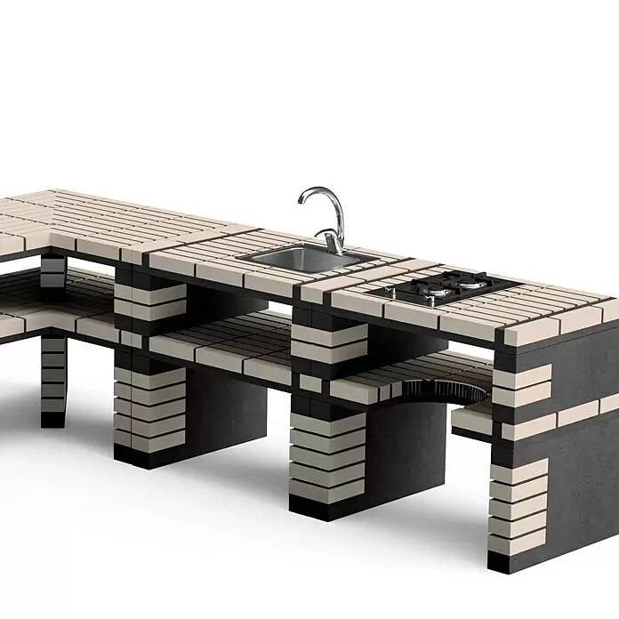 Movelar California Plus XL Outdoorküche - Grau, Material Grillfläche: Edelstahl, Anzahl Brenner: 2 Stk. - Modulare Außenküche mit heller Ziegelplatte, dunkler Basis, integrierter Spüle und Gaskochfeld.