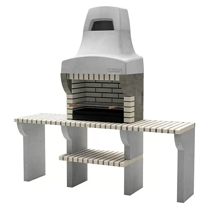 Movelar Bailen Holzkohlegrill - Grillfläche (B x T): 69,5 x 35 cm, Grau/Beige, B x T x H: 216 x 58 x 220 cm - Beton-Grill mit hellen Ziegeln, Schornstein, Seitenablagen und einem unteren Regal.