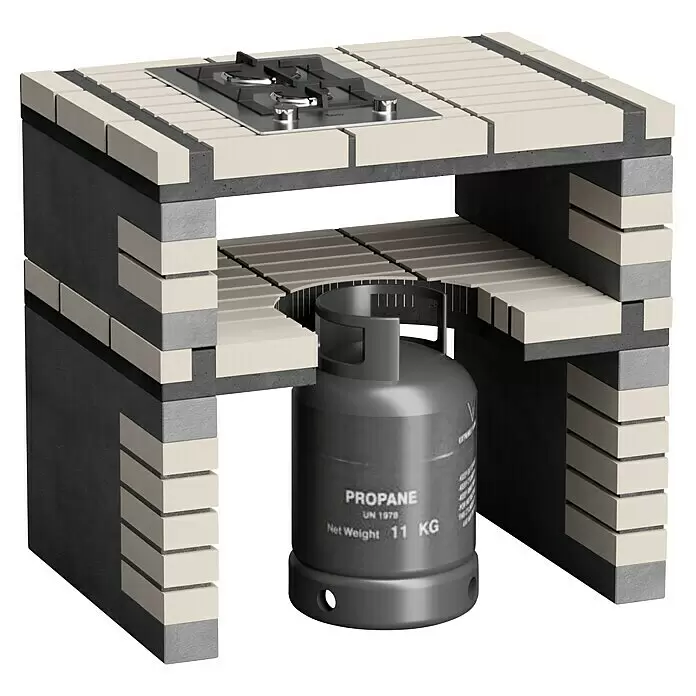 Movelar California Plus XL Outdoorküche - Grau, Material Grillfläche: Edelstahl, Anzahl Brenner: 2 Stk. - Modulare Außenküche aus dunklem Beton und hellen Ziegeln mit integriertem Gaskochfeld und Regal für eine Propangasflasche darunter.