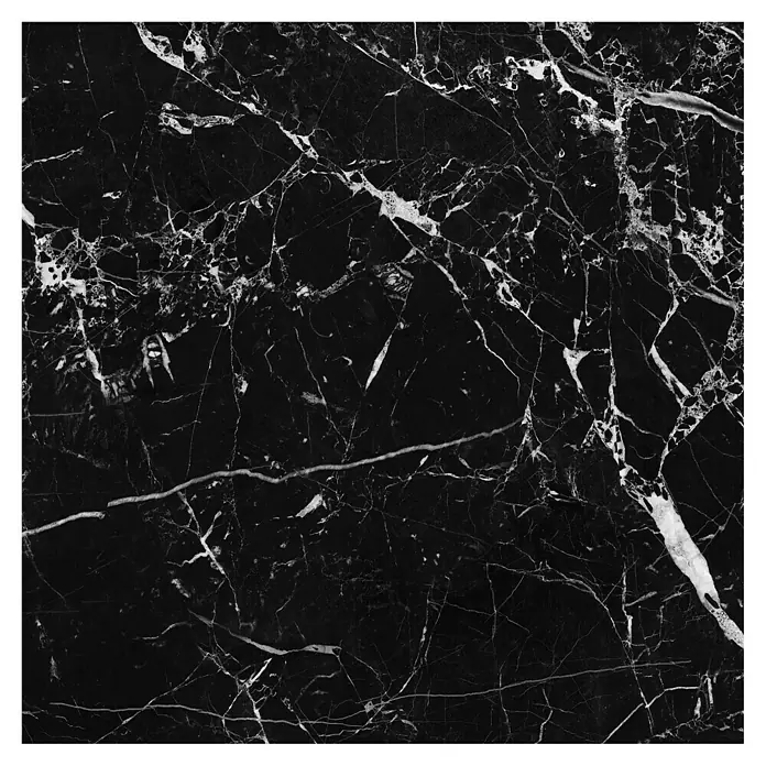 Feinsteinzeugfliese Sombra - 59,7 x 59,7 cm, Schwarz, Glänzend - Schwarzer Marmor mit weißen Adern. Die Oberfläche des Marmors ist poliert und glänzend und zeigt die einzigartigen Muster des Steins.