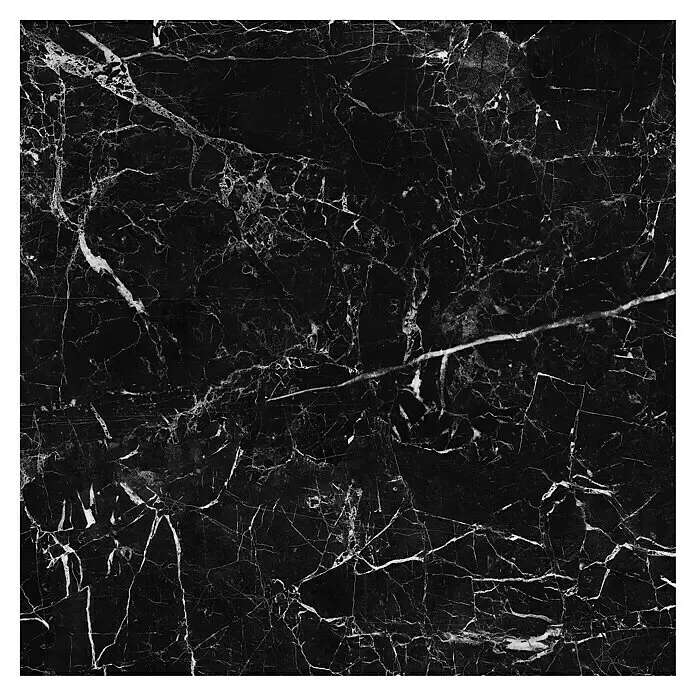 Feinsteinzeugfliese Sombra - 59,7 x 59,7 cm, Schwarz, Glänzend - Schwarze Marmortextur mit feinen weißen Adern.