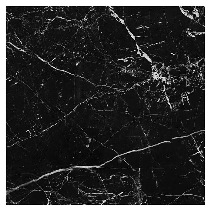 Feinsteinzeugfliese Sombra - 59,7 x 59,7 cm, Schwarz, Glänzend - Schwarze Marmoroberfläche mit weißen und grauen Adern.