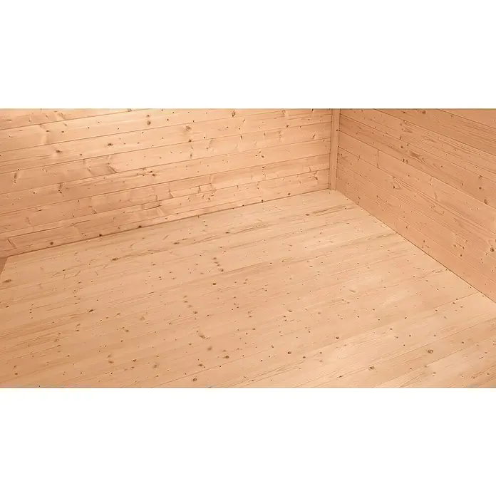 Weka Fußboden - Holz, 4,941 m², Passend für: Weka Gartenhaus 260 B x T: 297 x 246 cm - Nahaufnahme einer hölzernen Blockhütte mit Wänden und Fußböden aus hellen, horizontal angeordneten Holzplanken, die eine warme und natürliche Textur zeigen.