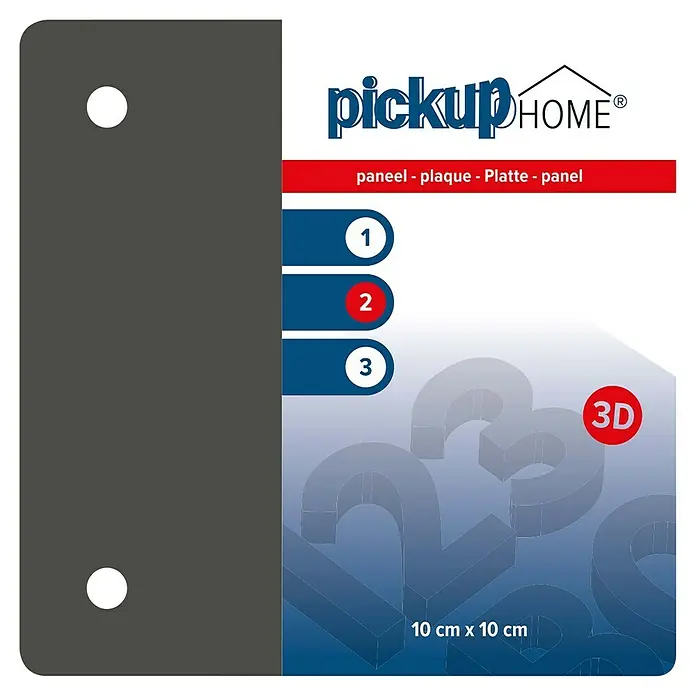 Pickup 3D Home Schild - L x B: 10 x 10 cm, Grau - Produktverpackung für eine 3D-Wandplatte von Pickup Home, 10x10cm, mit Montageanleitung in mehreren Sprachen.