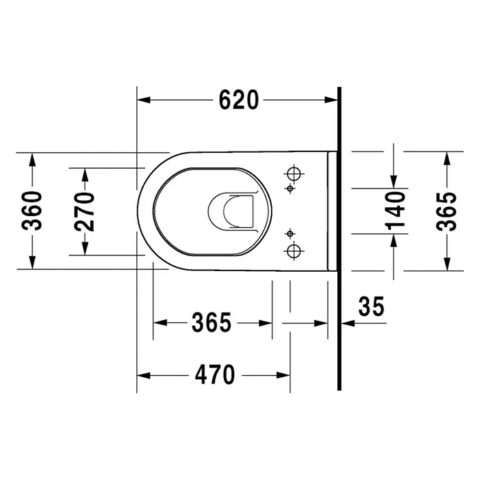 Duravit Starck 3 Wand-WC Typ 2 - Mit Spülrand, Ohne Spezialglasur, Spülform: Tief, WC Abgang: Waagerecht, Weiß - Draufsicht einer Toilette mit Maßangaben zur Installation. Technische Zeichnung des Sanitärkeramik-Produkts.