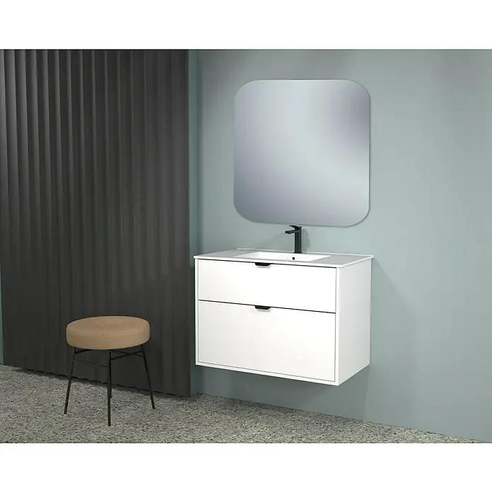 Camargue Espejo de pared Romo - 60 x 80 cm - Un baño moderno con un tocador flotante blanco con cajones y un espejo redondo contra una pared color verde azulado.