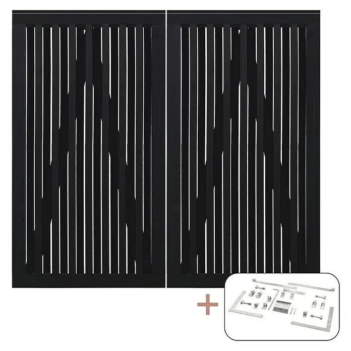 Plus Zauntor Nagano - 200 x 180 cm, Schwarz RAL 9005, Holz, Mit Beschlägen - Schwarzes Gartentor-Set mit vertikalen Latten und Beschlägen für einfache Montage und einen modernen Look.