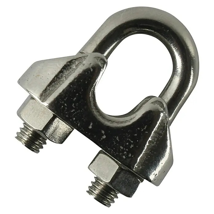 Stabilit Seilklemme - Für Seildurchmesser: 6 mm, 1 Stk., Edelstahl - Nahaufnahme einer Drahtseilklemme aus Metall, die ein sicheres Befestigungselement für Seile und Kabel darstellt.