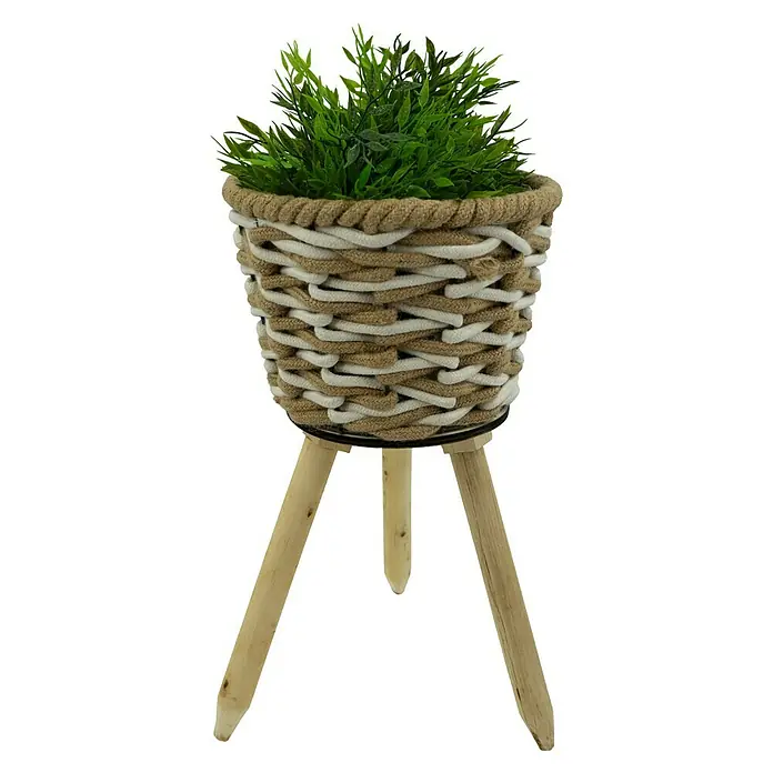 Pflanzkorb Natur - Ø x H: 25 x 43,5 cm, Naturmaterialien, Natur/Weiß - Dekorative Zimmerpflanze in einem geflochtenen Topf mit Holzbeinen, die eine natürliche und stilvolle Note verleiht.