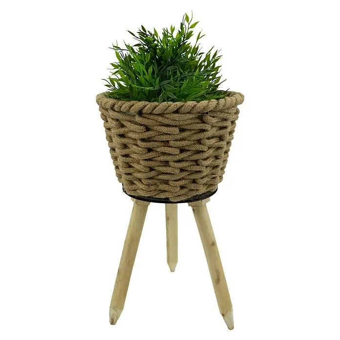 Pflanzkorb Natur - Ø x H: 20 x 32 cm, Naturmaterialien, Natur - Dekorative Tischpflanze in einem geflochtenen Korb mit hölzernen Beinen, ideal für die Inneneinrichtung und als Akzent auf Tischen.