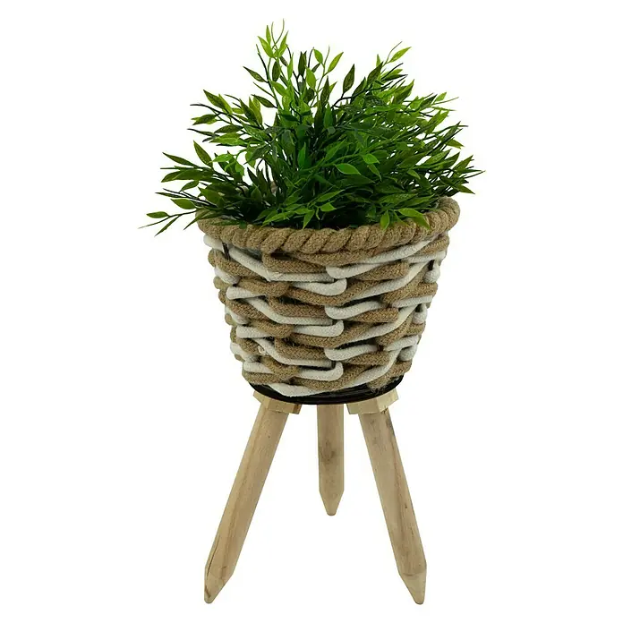 Pflanzkorb Natur - Ø x H: 20 x 32 cm, Naturmaterialien, Natur/Weiß - Topfpflanze mit geflochtenem Topf und Holzfuß, die einen Hauch von Natur in jeden Raum bringt.