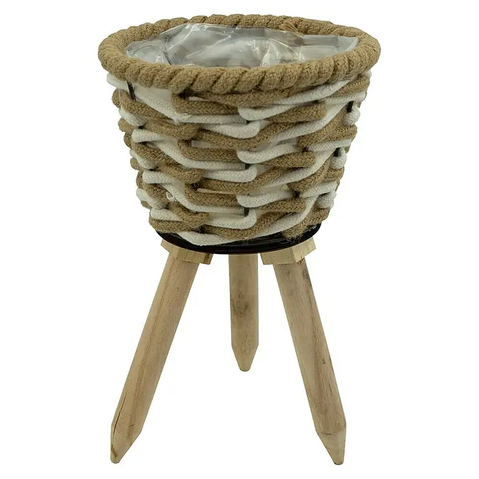Pflanzkorb Natur - Ø x H: 20 x 32 cm, Naturmaterialien, Natur/Weiß - Pflanzgefäß mit Seilumwicklung und Holzbeinen, ideal für Zimmerpflanzen und als dekoratives Element.