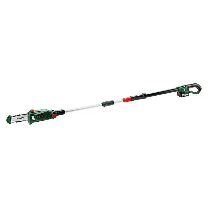 Bosch Power for All 18V Akku-Hochentaster UniversalChainPole 18 - 18 V, Li-Ionen, 1 Akku - Das Bild zeigt eine akkubetriebene Hochentaster von Bosch, ideal für Baumpflegearbeiten in schwer zugänglichen Bereichen.