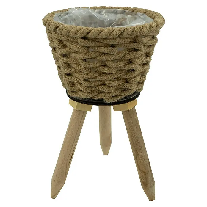 Pflanzkorb Natur - Ø x H: 30 x 54 cm, Naturmaterialien, Natur - Dekorativer Pflanztopf aus Seil mit Holzbeinen, ideal für Zimmerpflanzen und zur Verschönerung des Wohnraums.