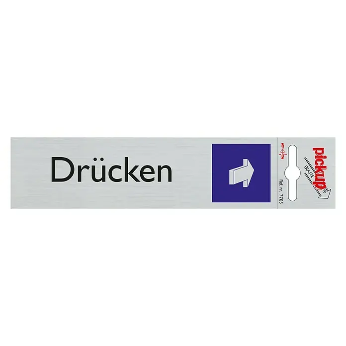 Pickup Aufkleber - Motiv: Drücken, L x B: 165 x 44 mm - Schild mit der Aufschrift "Drücken", einem Pfeilsymbol und dem Aufdruck "Pickup Route", das auf eine Tür zum Drücken hinweist.