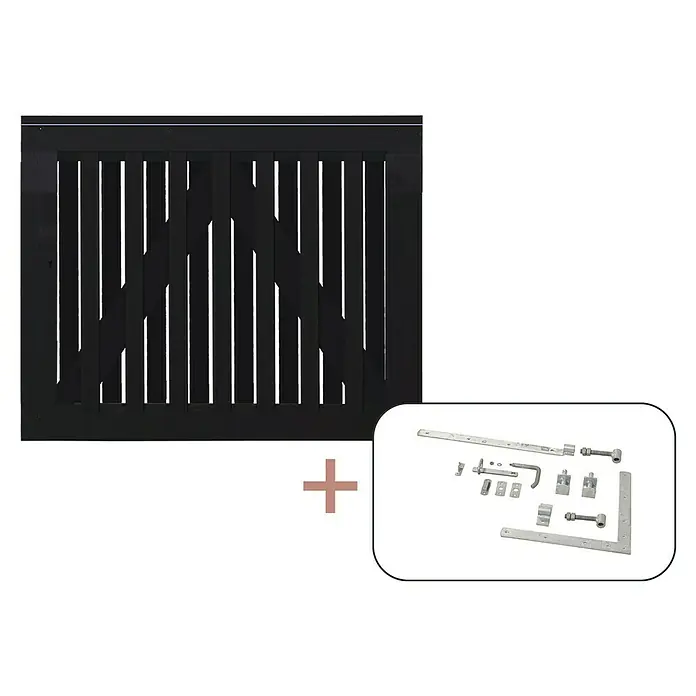 Plus Zauntor Nagano - 100 x 80 cm, Schwarz RAL 9005, Holz, Mit Beschlägen - Schwarzes Schiebetor mit Beschlägen für den Außenbereich, ideal für Gärten und Einfahrten. Robuste Konstruktion für Sicherheit.