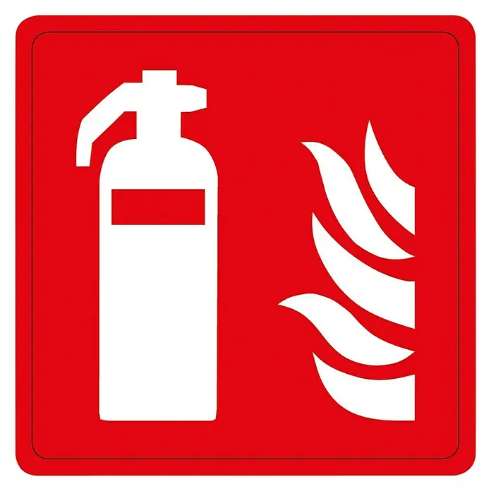 Pickup Aufkleber - L x B: 7,5 x 7,5 cm, Feuerlöscher - Rotes Schild mit weißem Feuerlöscher-Symbol und Flammen, das auf eine Feuerlöschausrüstung hinweist.