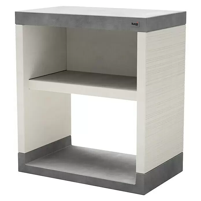 Tuozi Venit Outdoorküchen-Modul Seitenschrank - Weiß-Grau, B x T x H: 78 x 47 x 88 cm - Zweifaches Regal mit hellen Holzseiten und hellem Inneren, grauem Ober- und Unterteil.