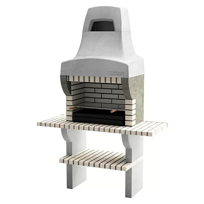 Movelar Bailen Holzkohlegrill - Grillfläche (B x T): 69,5 x 35 cm, Grau/Beige, B x T x H: 145 x 58 x 220 cm - Weiß-grauer Beton-Grill mit Kamin, Grillrost und Seitenablagen. Mit Ziegel-Brennkammer und unterer Ablagefläche.
