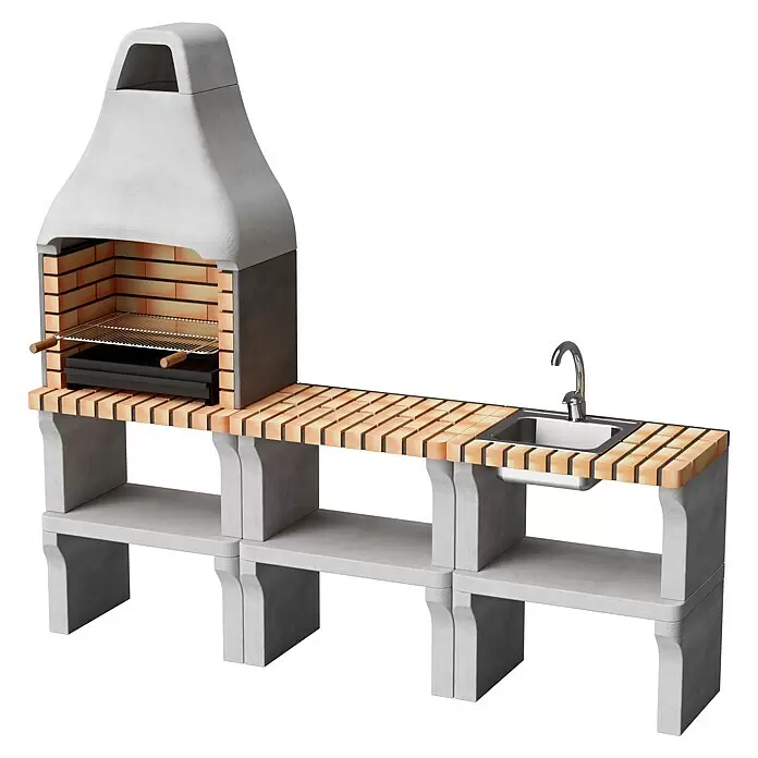 Movelar New Iberia Holzkohlegrill inkl. Ascheschublade - Grillfläche (B x T): 56 x 35 cm, Grau, B x T x H: 69 x 47 x 190 cm - Beton-Außenküche mit integriertem Ziegelgrill und Edelstahlspüle.