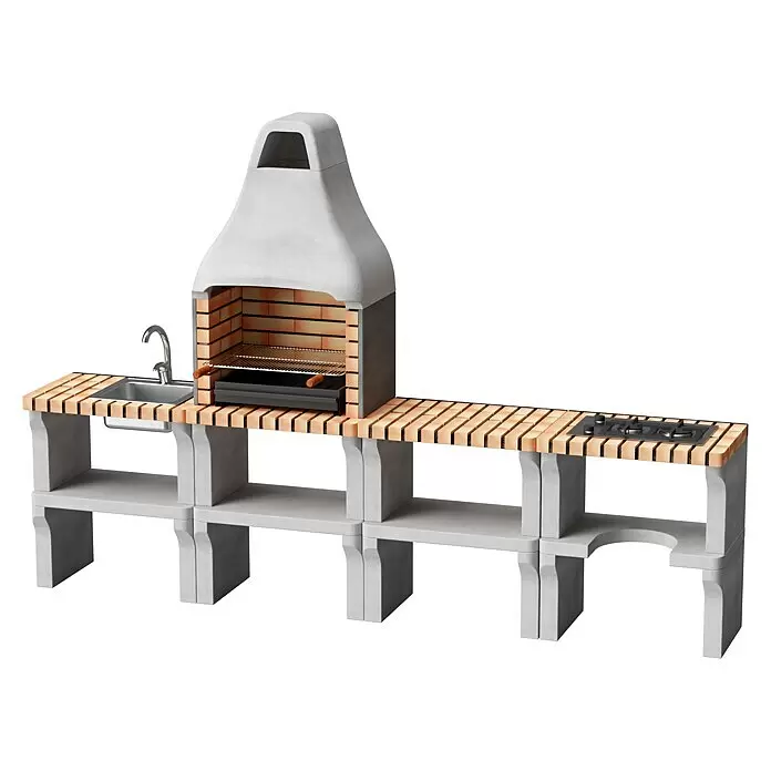 Movelar New Iberia Outdoorküchen-Modul - Grau, B x T x H: 80 x 70 x 47 cm - Integrierte Außenküche aus grauem Beton mit Holzplatte, gemauertem Grill, Spüle und Gasherd.