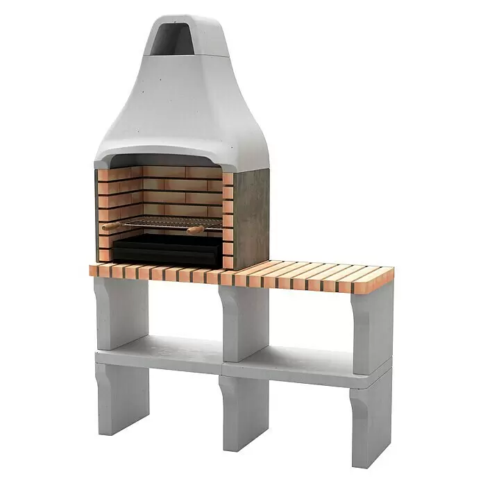 Movelar New Iberia Holzkohlegrill - Grillfläche (B x T): 56 x 35 cm, Grau, B x T x H: 128 x 47 x 190 cm - Vorgefertigter hellgrauer Beton-Grill mit rötlich-braunen Ziegeln, Metallrost, Seitenablage und unterer Ablage.