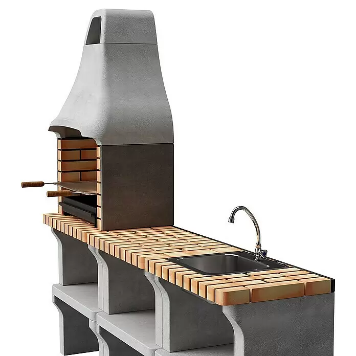 Movelar New Iberia Outdoorküchen-Modul - Grau, B x T x H: 80 x 70 x 47 cm - Grauer Beton- und Ziegel-Außengrill mit integrierter Spüle und Wasserhahn.