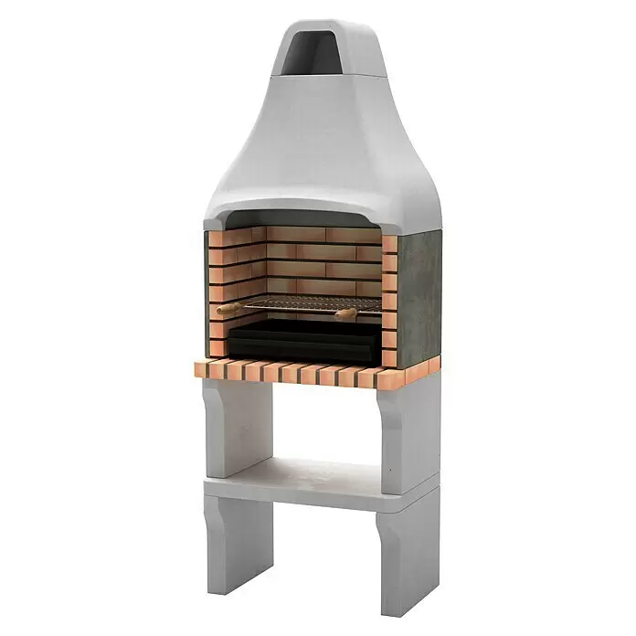 Movelar New Iberia Holzkohlegrill inkl. Ascheschublade - Grillfläche (B x T): 56 x 35 cm, Grau, B x T x H: 69 x 47 x 190 cm - Grauer Beton-BBQ-Grill mit ziegelverkleidetem Innenraum, Metallrost und schwarzer Schale.