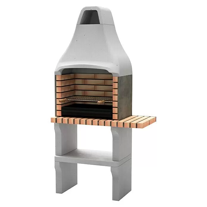 Movelar New Iberia Holzkohlegrill - Grillfläche (B x T): 56 x 35 cm, Grau, B x T x H: 95 x 47 x 190 cm - Grauer Grill aus Beton und Ziegelsteinen mit Kochrost und Seitenablage.