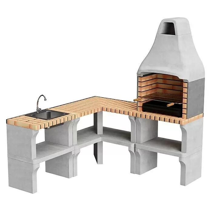 Movelar New Iberia Outdoorküchen-Modul - Grau, B x T x H: 80 x 90 x 46 cm - L-förmige Außenküche aus Beton mit Ziegel-Arbeitsplatte, Spüle und gemauertem Grill.